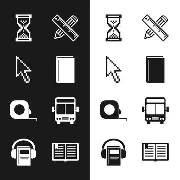 Set Book, Pixel arrow cursor, Hourglass pixel, Crossed ruler and pencil Stock Illustration