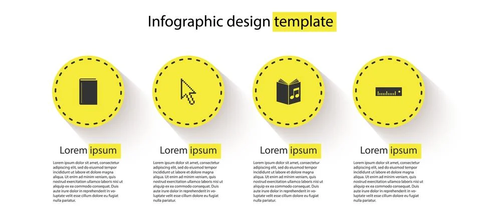Set Book, Pixel arrow cursor, Audio book and Ruler. Business infographic temp Illustrazione stock