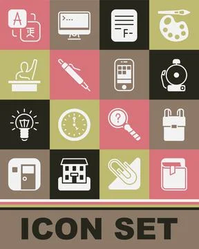 Set Book, School backpack, Ringing alarm bell, Exam paper with incorrect answers 스톡 일러스트