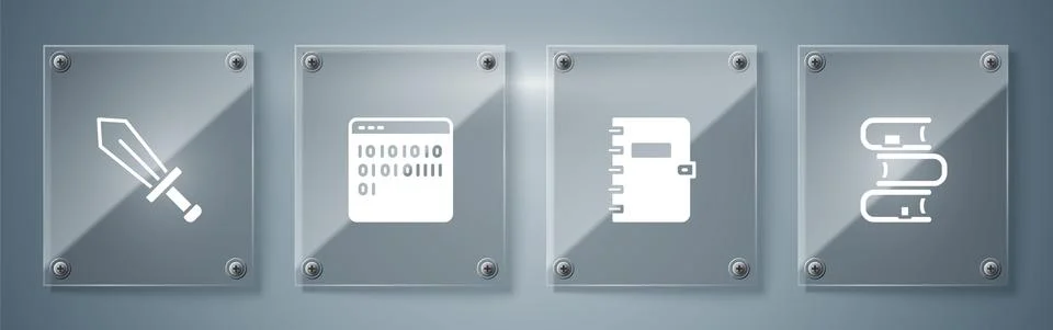 Set Book, Spiral notebook, Binary code and Sword for game. Square glass panels イラスト素材