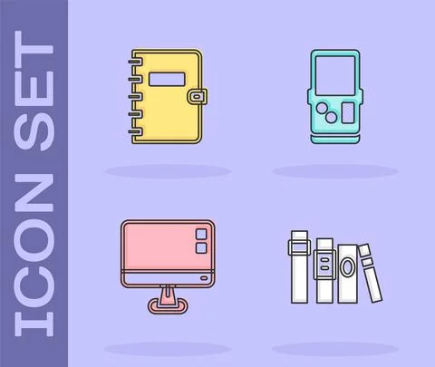 Set Book, Spiral notebook, Computer monitor screen and Tetris icon. Vector Stock Illustration