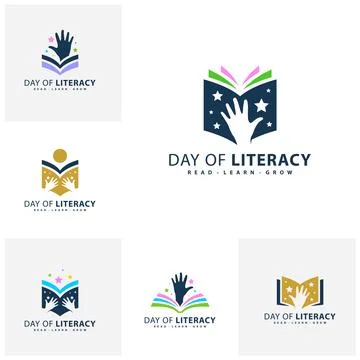 Set of Book Star with Hand logo vector template. Creative Book Hand with St.. Stock Illustration