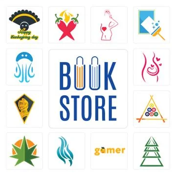 Set of book store, ever tree, gamer, flame, weed leaf, billiard, knight head, Free Stock Illustration
