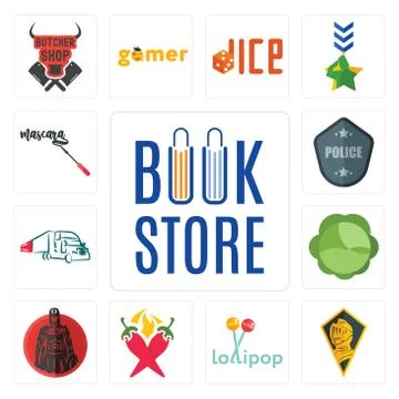 Set of book store, knight head, lollipop, chili pepper, spartan, cabbage, tru Free Stock Illustration