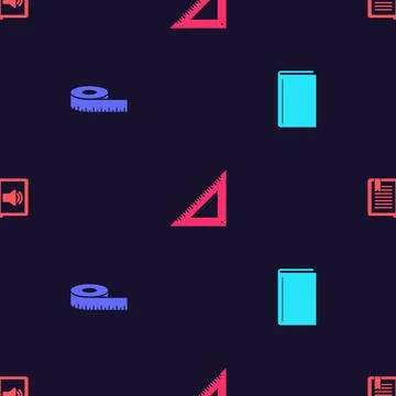 Set Book, Tape measure, Triangular ruler and Audio book on seamless pattern Stock Illustration