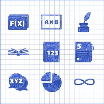 Set Book with word mathematics, Graph, schedule, chart, diagram, Infinity, Test Stockillustratie
