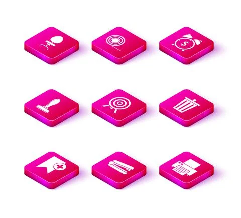 Set Bookmark, Office stapler, Stamp, Target, Printer, Trash can, Alarm clock Stock-Illustration