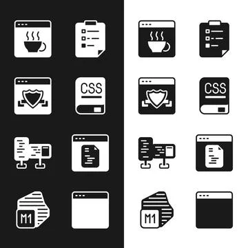 Set Books about programming, Browser with shield, Software, Clipboard checklist Illustrazione stock