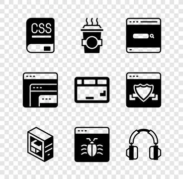 Set Books about programming, Coffee cup to go, Search engine, Computer, Syste Stock Illustration