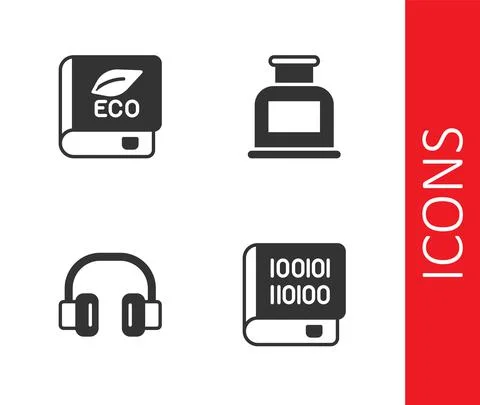 Set Books about programming, ecology, Headphones and Inkwell icon. Vector Illustration