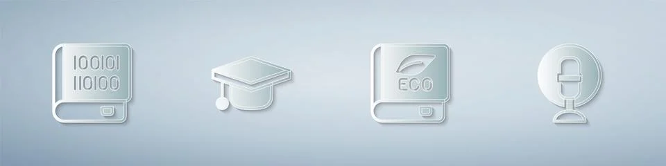 Set Books about programming, Graduation cap, ecology and Microphone. Paper art 库存插图