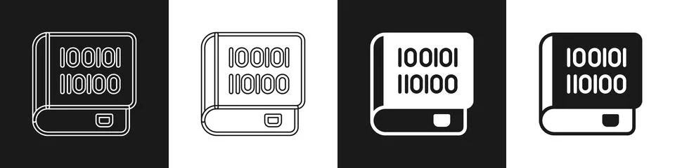 Set Books about programming icon isolated on black and white background Stock Illustration