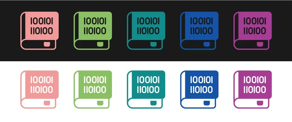 Set Books about programming icon isolated on black and white background. Prog Illustrazione stock