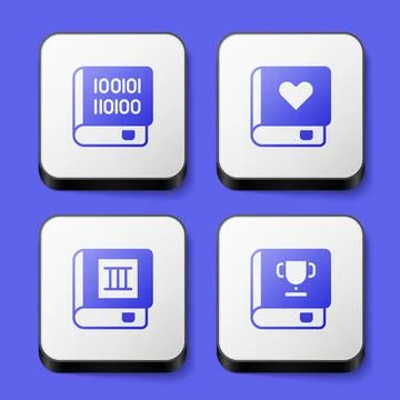 Set Books about programming, Romance book, and icon. White square button. Vector Illustration