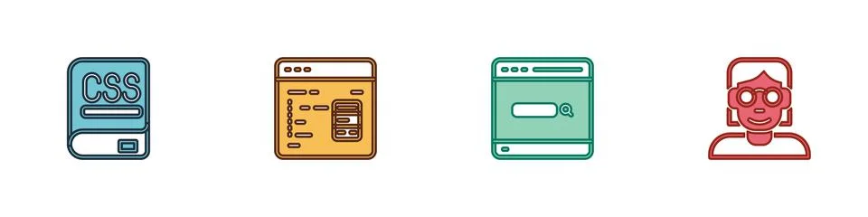 Set Books about programming, Software, Search engine and Hacker or coder icon Illustrazione stock