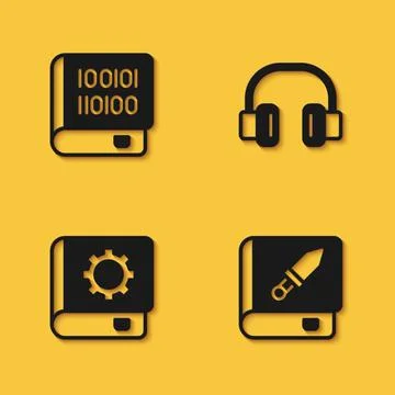 Set Books about programming, weapon, User manual and Headphones icon with long Stock Illustration
