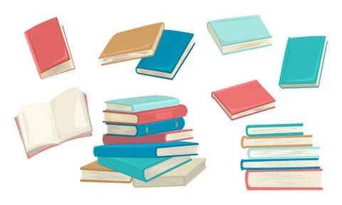 Set of books, different colors, an open book, a stack of books. Notebooks and Stock Illustration