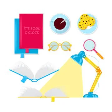 Set of books in flat style design. Reading atributes. Open books, books covers Stock Illustration