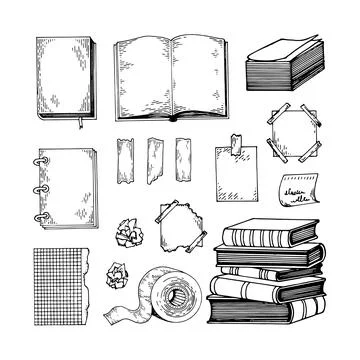 Set books notepads sheets for notes and study. Hand drawn doodle illustration 库存插图
