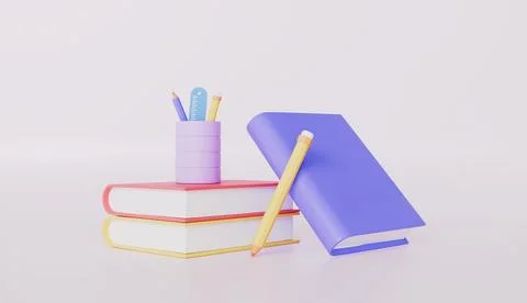 Set books with pencil 3d rendering Stock Illustration