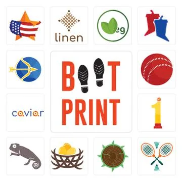 Set of boot print, badminton, sawmill, bird nest, chameleon, no.1, caviar, cr Free Stock Illustration