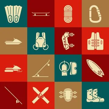Set Boots, Surfboard, Life jacket, Climber rope, Parachute, Jet ski, Rubber イラスト素材