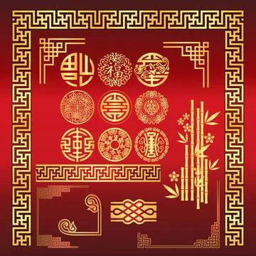 Set of border and pattern for traditional decoration elements chinese new year Stock Illustration