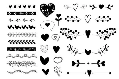 Set borders deviders romantic ornament brushes, cute elements in doodle style Stock Illustration