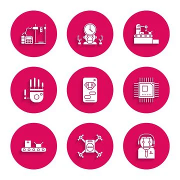 Set Bot, Drone flying with action camera, Worker robot, Processor microcircuits Illustrazione stock