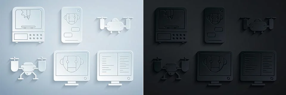 Set Bot, Drone flying with action camera, Computer monitor screen, and 3D Stock Illustration