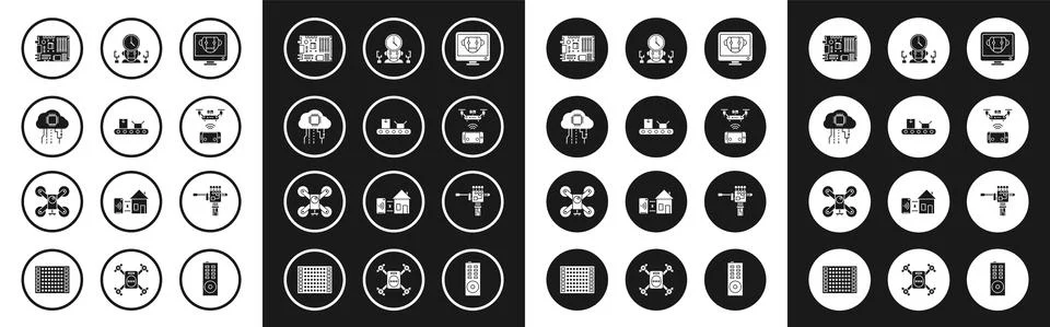Set Bot, Electronic computer components motherboard digital chip, Remote aerial Illustrazione stock