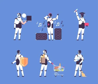 Set bot helper robot personal assistant diversity professions communication Ilustración de archivo