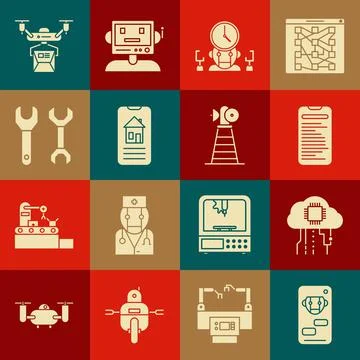 Set Bot, Internet of things, Computer api interface, Robot and digital time Illustrazione stock