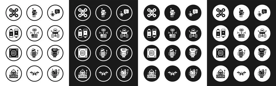 Set Bot, Robot, Battery, Drone, Mars rover, low battery charge and Processor Stock Illustration
