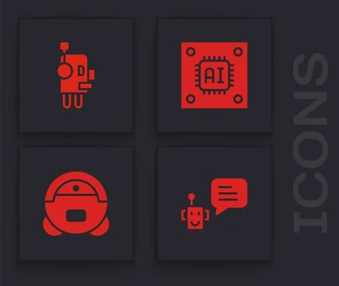 Set Bot, Robot, Processor with microcircuits CPU and vacuum cleaner icon. Vector Stock Illustration