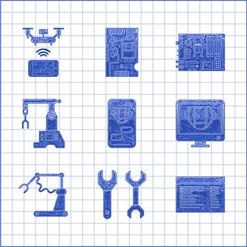 Set Bot, web developer programming code, Industrial machine robotic robot a.. Stock Illustration