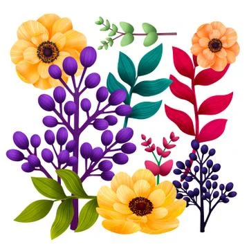 Set botanic of elements. Garden and wild foliage, flowers and branches Stock Illustration