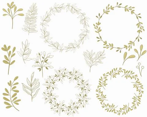 Set of botanical elements and round frames, vector. Individual elements. Stock Illustration