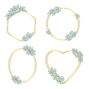 Set of Botanical gold frames decorated with flowers, isolated vector illustra Stock Illustration