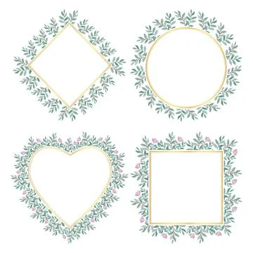 Set of Botanical gold frames decorated with flowers, isolated vector illustra Stock Illustration