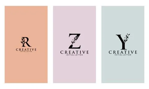 Set of Botanical Minimalistic Initial Letter R, Z, Y Logo Vector Template Stock Illustration