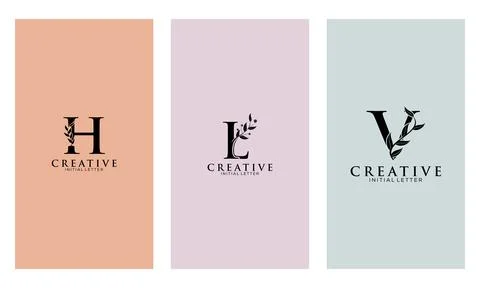 Set of Botanical Minimalistic Initial Letter H, L, V Logo Vector Template Stock Illustration