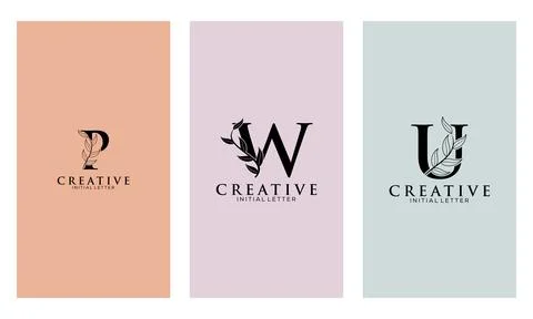 Set of Botanical Minimalistic Initial Letter P, W, U Logo Vector Template Stock Illustration
