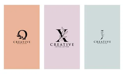 Set of Botanical Minimalistic Initial Letter O, X, J Logo Vector Template Stock Illustration