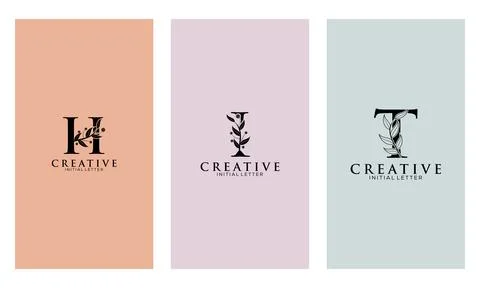 Set of Botanical Minimalistic Initial Letter H, I, T Logo Vector Template Stock Illustration