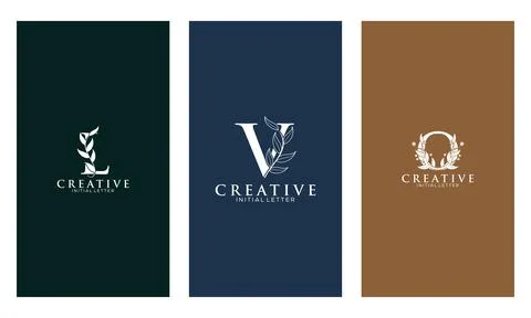 Set of Botanical Minimalistic Initial Letter L, V, O Logo Vector Template Illustrazione stock