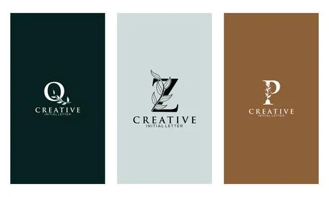 Set of Botanical Minimalistic Initial Letter Q, Z, P Logo Vector Template Stock Illustration