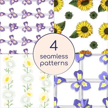 Set Botanical Pattern. Collection seamless prints with Flowers. Buds on white Stock Illustration