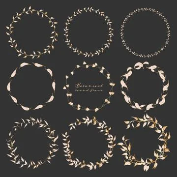 Set of botanical round frame, Hand drawn flowers, Botanical composition, Deco Stock Illustration