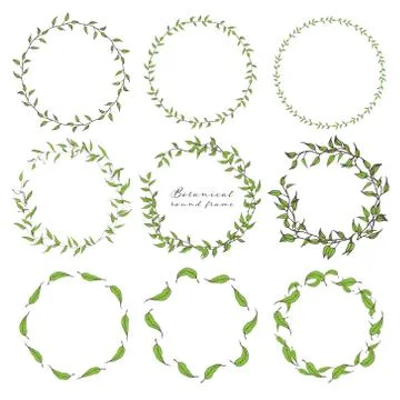Set of botanical round frame, Hand drawn flowers, Botanical composition, Deco Stock Illustration